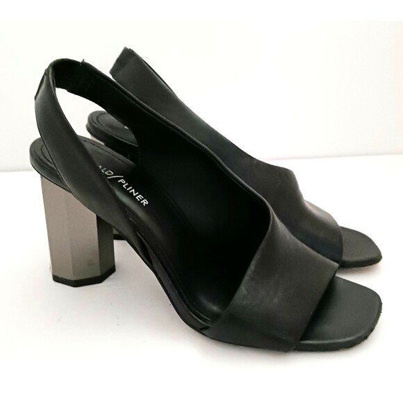 Donald Pliner Ella Blk Leather Metallic Smoke Hex Column Heel Sandal 7M Dustbag - Picture 3 of 13